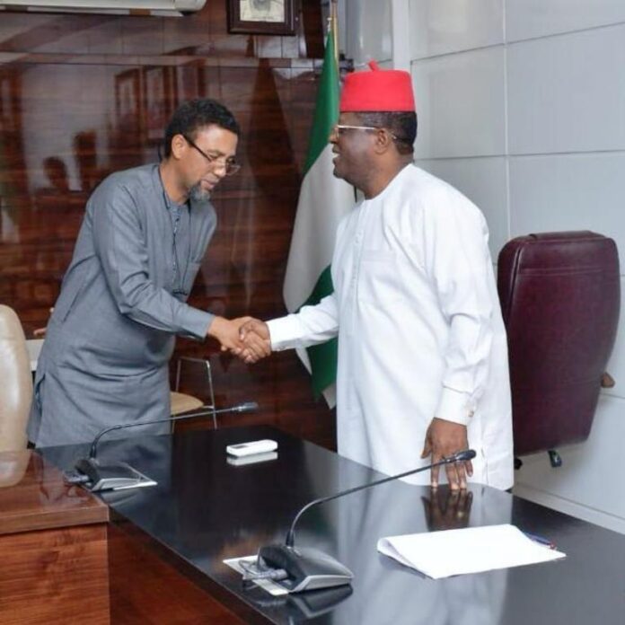 Right the Hon. Minister Of Works Engr. Nweze David Umahi In a hand shake with the leader Messrs NTN Nigeria Communications PLC during a meeting at the Ministry conference room Mabushi Abuja. Date: 13th February, 2024.