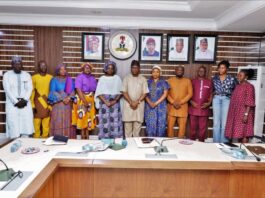5th Left:Dr Mary Ogbe, Permanent Secretary Ministry of Solid Minerals Development/Steel Development; On her Left: Mr Ime Ekrikpo, Director Investment Promotion and Minerals Trade Department; On his Left: Mrs Oluwayemisi Ajayi Special Assistant Special Projects to Hon. Minister; 2nd Right: Technical Asst. To Hon. Minister, Mrs. Nancy Chinemerem Nwaka; and other members of the Committe for The Establishment of the Nigerian Mining Centre of Excellence CoE.