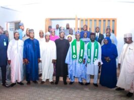 HME Balaraba Abbas Lawal and DG NAGGW with NAGGW muffler and management staff