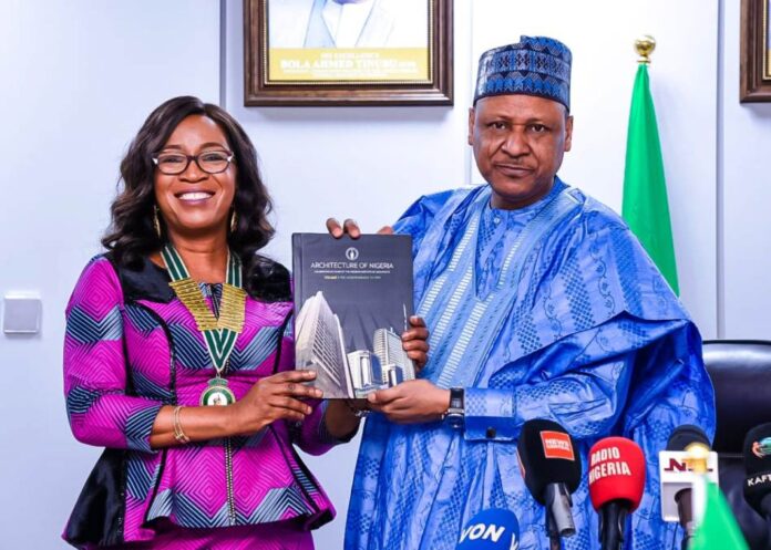 Minister of Information and National Orientation Mohammed Idris received the book "Architecture of Nigeria" from the President of the Nigeria Institute of Architects, Arch. Mobolaji Adeniyi, during a courtesy call at his office on Thursday, February 1, 2024.