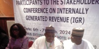 Pic L-R: Director of Finance and Accounts, Mrs. Bakre Juliana Modupe, Permanent Secretary, Ministry of Police Affairs, Dr. Nasir Sani Gwarzo and Deputy Chairman House Committee on Police Affairs, Honourable Adewale Waheed during a two-day stakeholders Conference on Improving Internally Generated Revenue (IGR) for the Ministry with a theme “Strategies at Enhancing Internally Generated Revenue” held at the Exclusive Serene Hotel in Abuja.