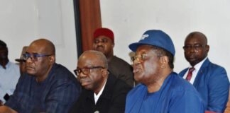 Right, the Hon. Minister of Works, Sen. Engr. Nweze David Umahi; Middle, Director Highways Construction and Rehabilitation, Engr. Adedamola Kuti and the Director, Bridges & Design, Engr. Bed Obioha during an interactive session in respect of the funding of critical roads NNPCL funding and Infrastructure Development and Refurbishment Investment Tax Credit Scheme at the National Assembly. Date: 22nd February, 2024