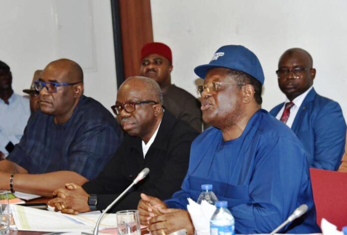 Tax Credit Scheme Right, the Hon. Minister of Works, Sen. Engr. Nweze David Umahi; Middle, Director Highways Construction and Rehabilitation, Engr. Adedamola Kuti and the Director, Bridges & Design, Engr. Bed Obioha during an interactive session in respect of the funding of critical roads NNPCL funding and Infrastructure Development and Refurbishment Investment Tax Credit Scheme at the National Assembly. Date: 22nd February, 2024