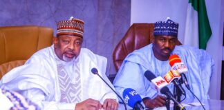 L- R,the Minister of Agriculture and Food Security, Sen Abubakar Kyari, CON and the Governor of Sokoto State, Ahmad Aliyu,during the couresty visit
