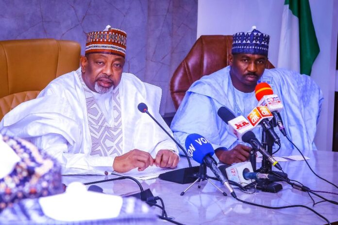 L- R,the Minister of Agriculture and Food Security, Sen Abubakar Kyari, CON and the Governor of Sokoto State, Ahmad Aliyu,during the couresty visit