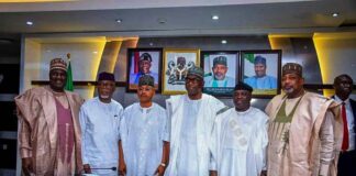 L-R, Minister of State for Agriculture and Food Security, Sen Abdullahi Aliyu,Governor of Ondo, Lucky Aiyedatiwa, Governor of Kogi State, Ahmed Ododo, Governor of Taraba State, Dr. Agbu Kefas and Governor of Kwara State, AbdulRahman AbdulRazaq, during the courtesy visit.