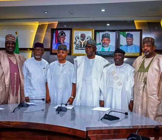 L-R, Minister of State for Agriculture and Food Security, Sen Abdullahi Aliyu,Governor of Ondo, Lucky Aiyedatiwa, Governor of Kogi State, Ahmed Ododo, Governor of Taraba State, Dr. Agbu Kefas and Governor of Kwara State, AbdulRahman AbdulRazaq, during the courtesy visit.