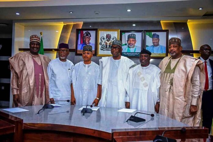couresty visit. L-R, Minister of State for Agriculture and Food Security, Sen Abdullahi Aliyu,Governor of Ondo, Lucky Aiyedatiwa, Governor of Kogi State, Ahmed Ododo, Governor of Taraba State, Dr. Agbu Kefas and Governor of Kwara State, AbdulRahman AbdulRazaq, during the courtesy visit.