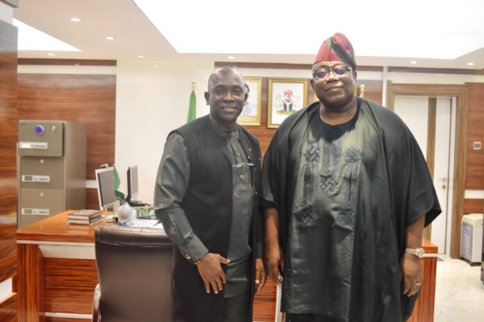 Hon. Chairman (FCSC) Prof. Tunji Olaopa (R) with Director General, Nigeria Employers’ Consultative Association (NECA) Mr. Adewale Smith Oyerinde (L) during the courtesy visit.