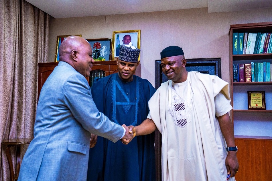 L-R: Angolan Ambassador to Nigeria, His Excellency, Dr. Jose Bamoquinna Zau, Honourable Minister of State, Federal Ministry of Water Resources and Sanitation, Rt. Hon. Bello Muhammad Goronyo Esq. , and Honourable Minister, Federal Ministry of Water Resources and Sanitation, Engr. Prof. Joseph Terlumun Utsev, FNSE, during the courtesy visit