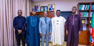 The Honourable Minister, Engr. Prof. Joseph Terlumun Utsev,FNSE, FNIWE, FNICE, (2nd R), the Honourable Minister of State, Rt. Hon. Bello Muhammad Goronyo, Esq.(2nd L), the Permanent Secretary Alhaji Shehu Aliyu Shinkafi, FCNA(R); Angolan Ambassador to Nigeria, Dr Jose Bamoquinna Zau (3rd L) and the Secretary to Angolan Embassy (L), during the courtesy visit of Angolan Ambassador to the Ministry on Tuesday 6th February, 2024, in Abuja