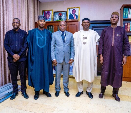 The Honourable Minister, Engr. Prof. Joseph Terlumun Utsev,FNSE, FNIWE, FNICE, (2nd R), the Honourable Minister of State, Rt. Hon. Bello Muhammad Goronyo, Esq.(2nd L), the Permanent Secretary Alhaji Shehu Aliyu Shinkafi, FCNA(R); Angolan Ambassador to Nigeria, Dr Jose Bamoquinna Zau (3rd L) and the Secretary to Angolan Embassy (L), during the courtesy visit of Angolan Ambassador to the Ministry on Tuesday 6th February, 2024, in Abuja