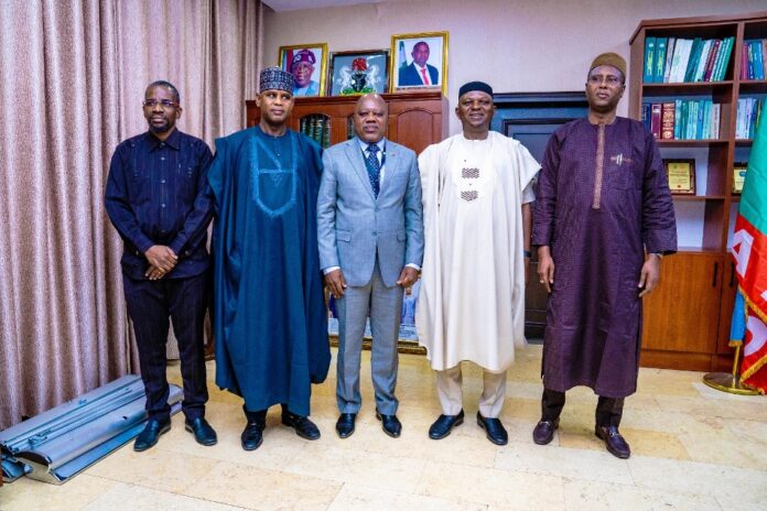courtesy visit of Angolan Ambassador to the Ministry The Honourable Minister, Engr. Prof. Joseph Terlumun Utsev,FNSE, FNIWE, FNICE, (2nd R), the Honourable Minister of State, Rt. Hon. Bello Muhammad Goronyo, Esq.(2nd L), the Permanent Secretary Alhaji Shehu Aliyu Shinkafi, FCNA(R); Angolan Ambassador to Nigeria, Dr Jose Bamoquinna Zau (3rd L) and the Secretary to Angolan Embassy (L), during the courtesy visit of Angolan Ambassador to the Ministry on Tuesday 6th February, 2024, in Abuja