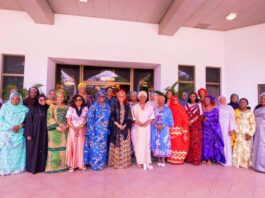First Lady of the Federal Republic of Nigeria Senator Oluremi Tinubu, CON flanked on the left by the Wife of The Senate President; Mrs Ekaette Unoma Akpabio, and on the right by the chairman of Governors Spouses Forum HE Mrs Olufolake Abdulrazaq and other wives of State Governors at the meeting of the First Lady with wives of State Governors at the State House. Abuja