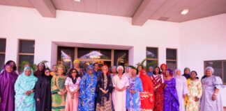 First Lady of the Federal Republic of Nigeria Senator Oluremi Tinubu, CON flanked on the left by the Wife of The Senate President; Mrs Ekaette Unoma Akpabio, and on the right by the chairman of Governors Spouses Forum HE Mrs Olufolake Abdulrazaq and other wives of State Governors at the meeting of the First Lady with wives of State Governors at the State House. Abuja