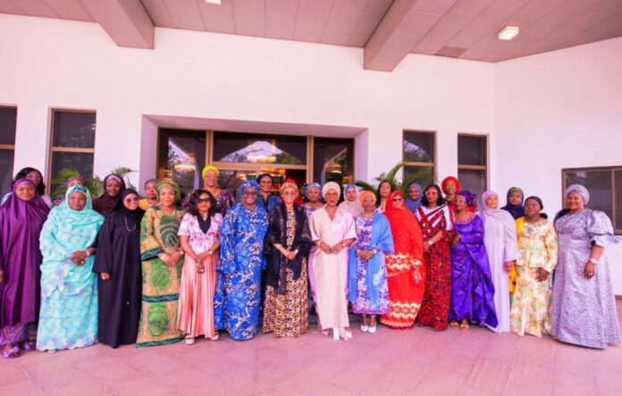 wives of State Governors at the meeting of the First Lady First Lady of the Federal Republic of Nigeria Senator Oluremi Tinubu, CON flanked on the left by the Wife of The Senate President; Mrs Ekaette Unoma Akpabio, and on the right by the chairman of Governors Spouses Forum HE Mrs Olufolake Abdulrazaq and other wives of State Governors at the meeting of the First Lady with wives of State Governors at the State House. Abuja