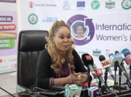 Honourable Minister of Women Affairs, Barrister (Mrs) Uju Kennedy-Ohanenye addressing journalists at the Press Briefing in commemoration of the 2024 International Women's Day in Abuja