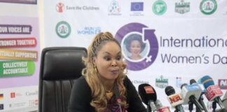 Honourable Minister of Women Affairs, Barrister (Mrs) Uju Kennedy-Ohanenye addressing journalists at the Press Briefing in commemoration of the 2024 International Women's Day in Abuja