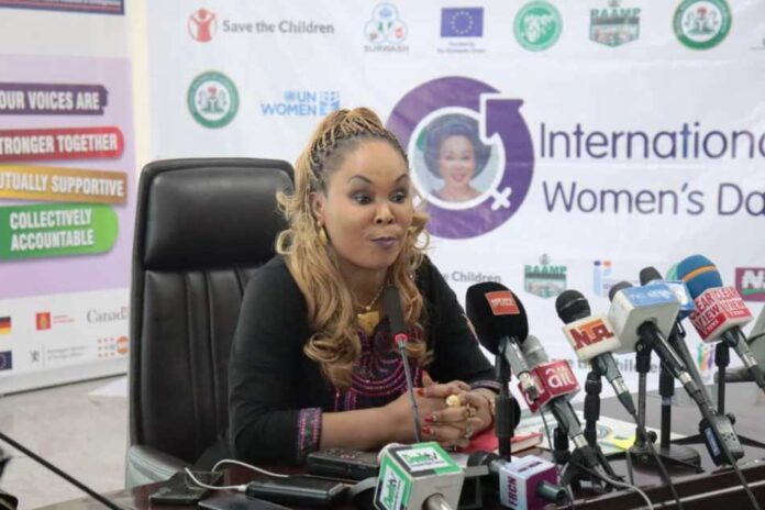 Honourable Minister of Women Affairs, Barrister (Mrs) Uju Kennedy-Ohanenye addressing journalists at the Press Briefing in commemoration of the 2024 International Women's Day in Abuja