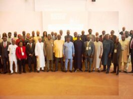 Group photograph of the Honourable Ministers of State Petroleum Resources (Oil and Gas) Sen. Heineken Lokpobiri Ph.d and Rt. Hon. Ekperikpe Ekpo (c) flanked by the Permanent Secretary, Ministry of Petroleum Resources, Amb. Nicholas Agbo Ella, the Directors and Heads of Units in the Ministry and the Heads of Agencies under the Ministry of Petroleum Resources at the 2024 Ministry's sector retreat in Abuja