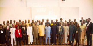 Group photograph of the Honourable Ministers of State Petroleum Resources (Oil and Gas) Sen. Heineken Lokpobiri Ph.d and Rt. Hon. Ekperikpe Ekpo (c) flanked by the Permanent Secretary, Ministry of Petroleum Resources, Amb. Nicholas Agbo Ella, the Directors and Heads of Units in the Ministry and the Heads of Agencies under the Ministry of Petroleum Resources at the 2024 Ministry's sector retreat in Abuja