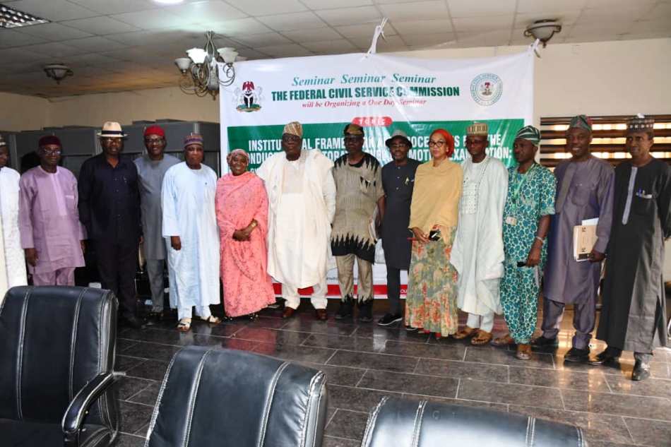 Hon. Chairman, Federal Civil Service Commission (FCSC) Prof. Tunji Olaopa (3rd Left) flanked by event Speakers/Panelists i.e. Mr. Sani B. Torankawa-FCSC Director of Promotion- (2nd Left); Mr. Mato Yusuf Abdullahi-FCSC Director (ICT)- (1st Left); Mr. Olu O. Ilesanmi- Rtd Fmr. Permanent Secretary-Fed. Civil Service (3rd Right); Prof. Olugbenga D. Ojo-Director (Examination & Assessment-NOUN)-(2nd Right); Asst. Director-Dr. Mohammed Bashir represented Mr. Ataboh Ademu-Director (Learning & Development)-OHCSF. (4th Right).