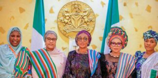 From left: APC Deputy National Leader Hajia Zainab Ibrahim, Wife of the Vice President Hajia Nana Shettima, First Lady of the Federal Republic of Nigeria Senator Oluremi Tinubu, CON, APC National Woman Leader Dr MaryIdele Alile and others during the courtesy visit to Her Excellency by the APC women leaders at the State House Abuja on Friday 8th March