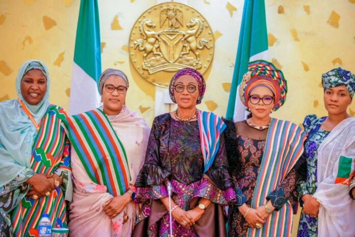 APC women leaders From left: APC Deputy National Leader Hajia Zainab Ibrahim, Wife of the Vice President Hajia Nana Shettima, First Lady of the Federal Republic of Nigeria Senator Oluremi Tinubu, CON, APC National Woman Leader Dr MaryIdele Alile and others during the courtesy visit to Her Excellency by the APC women leaders at the State House Abuja on Friday 8th March