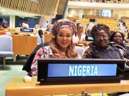 Honourable Minister of Women Affairs, Barrister (Mrs) Uju Kennedy-Ohanenye at the United Nations Commission on the Status of Women (CSW68) holding in New York, USA. To her right is the Director, Women Development of the Ministry, Mrs. Funke Oladipo