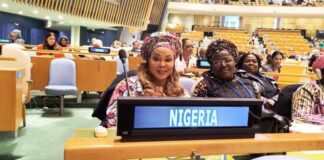 Honourable Minister of Women Affairs, Barrister (Mrs) Uju Kennedy-Ohanenye at the United Nations Commission on the Status of Women (CSW68) holding in New York, USA. To her right is the Director, Women Development of the Ministry, Mrs. Funke Oladipo