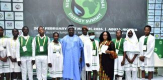 Secretary to the Government of the Federation, H.E. George Akume (6th left) in a photograph with representatives of Government Secondary School, Tudun Wada, Abuja after the presentation of Certificate of Participation at 2024 NIES during the closing ceremony of 7th edition of Nigeria International Energy Summit in Abuja.