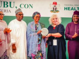 From Left: Wife of the Vice President, Hajia Nana Shettima, Coordinating Minister for Health and Social Welfare, Prof. Mohammed Ali Pate, First Lady of the Federal Republic of Nigeria, Senator Oluremi Tinubu, Head of Stop TB Partnership Nigeria, Dr Queen Ogbuji- Ladipo, Executive Director Global Stop Tb Partnership Geneva, Dr Lucica Ditiu and the Minister of State for Health and Social Welfare, Dr Tunji Alausa while the First Lady was being decorated as the Global and National Stop TB Champion held at the State House Abuja on Thursday 28th March 2024