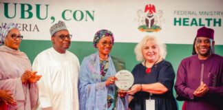 From Left: Wife of the Vice President, Hajia Nana Shettima, Coordinating Minister for Health and Social Welfare, Prof. Mohammed Ali Pate, First Lady of the Federal Republic of Nigeria, Senator Oluremi Tinubu, Head of Stop TB Partnership Nigeria, Dr Queen Ogbuji- Ladipo, Executive Director Global Stop Tb Partnership Geneva, Dr Lucica Ditiu and the Minister of State for Health and Social Welfare, Dr Tunji Alausa while the First Lady was being decorated as the Global and National Stop TB Champion held at the State House Abuja on Thursday 28th March 2024