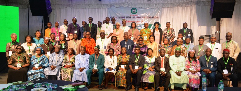 From (L-R) The Permanent Secretary, SPSO, Dr. Deborah Bako Odoh (7th), Director, ODD, Dr. Mimi Abu (8th) and participants at the end of a one day Workshop on Revised 2021 PSR organised for Directors of HR from core MDAs on 20th March, 2024 in Abuja.