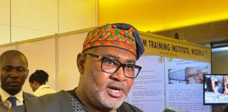 The Honourable Minister of State, Ministry of Steel Development, His Excellency Uba Maigari Ahmadu fielding questions from journalists at the on-going 2nd Annual Assembly and International Welding Federation Africa Conference holding in Lagos, Nigeria on Tuesday 5th March 2024.