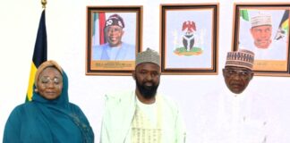 L-R: Chairman, House Committee on Police Affairs, Honourable Abubakar Makki Yalleman, Minister of State for Police Affairs, Hajia Imaan Sulaiman-Ibrahim and Minister of Police Affairs, Senator Ibrahim Gaidam during the Familiarization visit of the House of Representative Committee on Police Affairs to the Headquarters of the Ministry in Abuja.