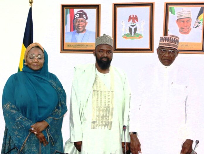 House of Representative Committee on Police Affairs L-R: Chairman, House Committee on Police Affairs, Honourable Abubakar Makki Yalleman, Minister of State for Police Affairs, Hajia Imaan Sulaiman-Ibrahim and Minister of Police Affairs, Senator Ibrahim Gaidam during the Familiarization visit of the House of Representative Committee on Police Affairs to the Headquarters of the Ministry in Abuja.