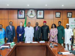3rd from left, the Associate Vice President, Programme Management Department IFAD, Dr. Donal Brown, Minister of Budget and Economic Planning, Sen. Abubakar Atiku Bagudu, the Permanent Secretary (BEP) Mr. Nebeolisa Anako and members of IFAD and Directors in the Ministry.