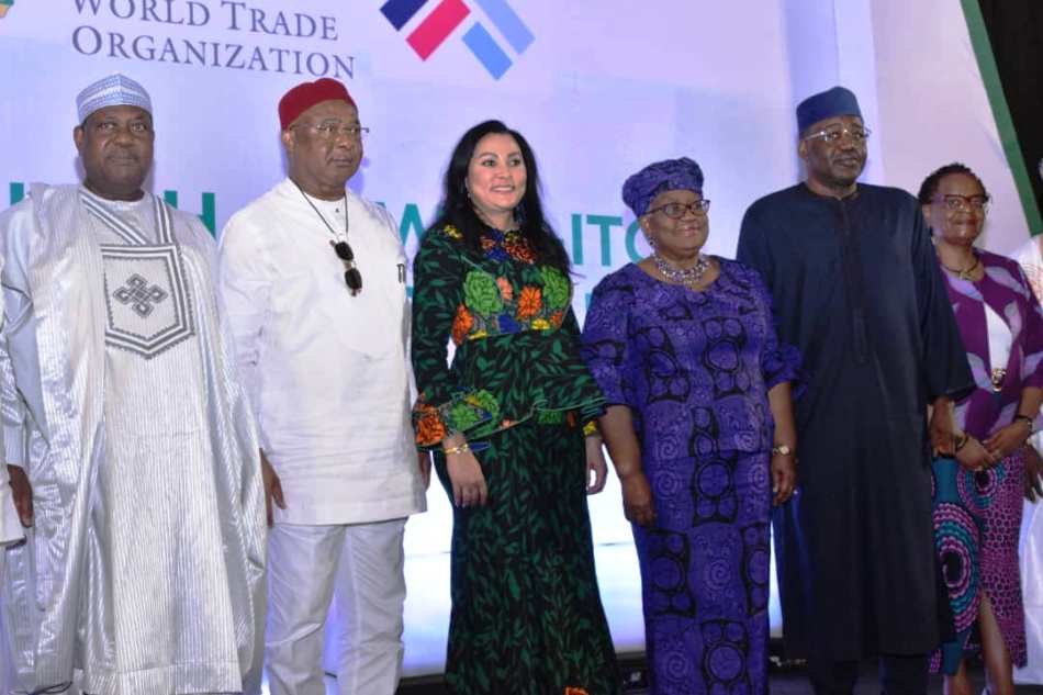 From Left to Right, Secretary to the Government of Federation, Senator. Geaorge Akume, Imo State Governor, Hope Uzodimma, Minister of Industry, Trade and investment, Dr. Doris Nkiruka Uzoka-Anite, DG. WTO, Dr. Ngosi Okonjo-Iweala and the representative of Vice President, Kasim Shetima, Senator Ibrahim Hassan Hadejia during the launch of WTO-World Bank and ITC Trade support Programme for Nigeria.