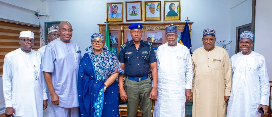 Group Showing L-R: Director Police Service Department, Mr. Ibrahim Muhammed; Chairman of Police Service Commission, Dr. Solomon Arase and Minister of State, Hajia Imaan Sulaiman-Ibrahim, newly promoted Chief Security Officer (CSO) Minister of Police Affairs SP Abdul Gafar Bichi; Minister of Police Affairs, Senator Ibrahim Gaidam; Permanent Secretary, Dr. Nasir Sani-Gwarzo and Senior Special Assistant, Kuwata Goni at the Headquarters of the Ministry in Abuja