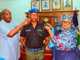 L-R: Chairman of Police Service Commission, Dr. Solomon Arase and Minister of State, Hajia Imaan Sulaiman-Ibrahim, decorating newly promoted Chief Security Officer (CSO) Minister of Police Affairs SP Abdul Gafar Bichi at the Headquarters of the Ministry in Abuja