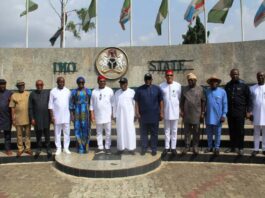 The Honourable Minister, Federal Ministry of Niger Delta Development, Engr. Abubakar Momoh, flanked to his left by the Permanent Secretary, Dr. Shuaib Belgore and to the right by Governor Hope Uzodinma of Imo state, as well as other dignitaries during his just concluded inspection tour of project sites in Imo State.