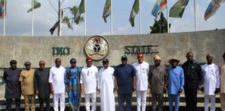 The Honourable Minister, Federal Ministry of Niger Delta Development, Engr. Abubakar Momoh, flanked to his left by the Permanent Secretary, Dr. Shuaib Belgore and to the right by Governor Hope Uzodinma of Imo state, as well as other dignitaries during his just concluded inspection tour of project sites in Imo State.