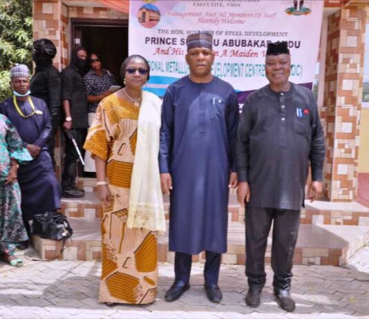 L-R: The Permanent Secretary Ministry of Steel Development/Ministry of Solid Minerals Development, Dr. Mary A Ogbe; Prince Shuaibu Abubakar Audu, Honourable Minister of Steel Development and the Director-General, National Metallurgical Development Centre, Jos, Prof. Linus Asuquo during the Minister's working visit to the Centre in Jos, Plateau State on Thursday 29th February, 2024.