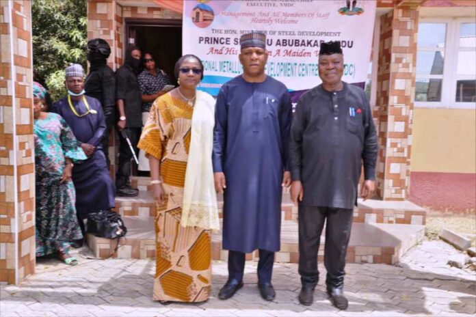 L-R: The Permanent Secretary Ministry of Steel Development/Ministry of Solid Minerals Development, Dr. Mary A Ogbe; Prince Shuaibu Abubakar Audu, Honourable Minister of Steel Development and the Director-General, National Metallurgical Development Centre, Jos, Prof. Linus Asuquo during the Minister's working visit to the Centre in Jos, Plateau State on Thursday 29th February, 2024.