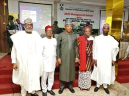 Middle; Prince Shuaibu Abubakar Audu, Honorable Minister of Steel Development, far right; H. E, Uba Maigari Ahmadu; Hon. Minister of State; immediate Right, Sen. Patrick Ndubueze, Chairman Senate Committee on Steel Development; Left, Permanent Secretary of the Ministry of Steel Development, Dr. Mary Ogbe with Rep. of the Chairman, House Committee on Steel Development, Deputy Chairman House Committee on Steel Development, Hon. Yusuf Umar Datti, at the Opening Ceremony of the 2024 Ministerial Management Retreat held at the K-Class Hotel, Abuja on the 21st March, 2024.
