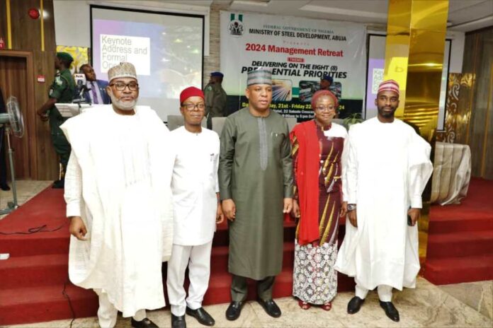Ministry of Steel Development on Mandate Middle; Prince Shuaibu Abubakar Audu, Honorable Minister of Steel Development, far right; H. E, Uba Maigari Ahmadu; Hon. Minister of State; immediate Right, Sen. Patrick Ndubueze, Chairman Senate Committee on Steel Development; Left, Permanent Secretary of the Ministry of Steel Development, Dr. Mary Ogbe with Rep. of the Chairman, House Committee on Steel Development, Deputy Chairman House Committee on Steel Development, Hon. Yusuf Umar Datti, at the Opening Ceremony of the 2024 Ministerial Management Retreat held at the K-Class Hotel, Abuja on the 21st March, 2024.