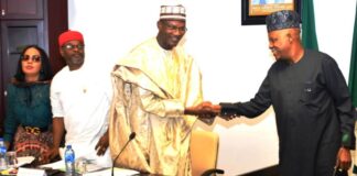 From Right: Vice president Kashim Shittima, Minister of Education, Prof. Tahir Mamman, Minister of Science Technology, Uche Nneji and Minister of Labour, Nkeiruka Onyejeocha, during Inauguration and Meeting of the National Council on Skills at the State House, Abuja on 20/03/24.