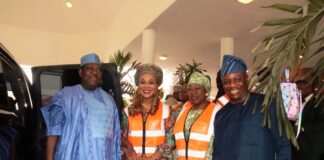 Representative of the President, Senator George Akume, Honourable Minister of Women Affairs, Barrister (Mrs) Uju Kennedy-Ohanenye, Director-General, Maryam Babangida National Centre for Women Development, Dr. Asabe Bashir and Permanent Secretary of the Ministry, Amb. Gabriel Aduda at the Unveiling of the Nigeria For Women Programme in Abuja