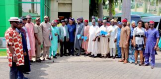 Managing Director/CEO, FERMA, Engr. (Dr.) Chukwuemeka Agbasi, FNSE, FNIHTE, and the Chairman, House of Reps. Committee on FERMA, Engr. Aderemi Abasi Oseni, in a group photograph with other members of the Committee and the Management Staff of FERMA during the Committee’s Oversight visit to FERMA on Thursday 7th March, 2024
